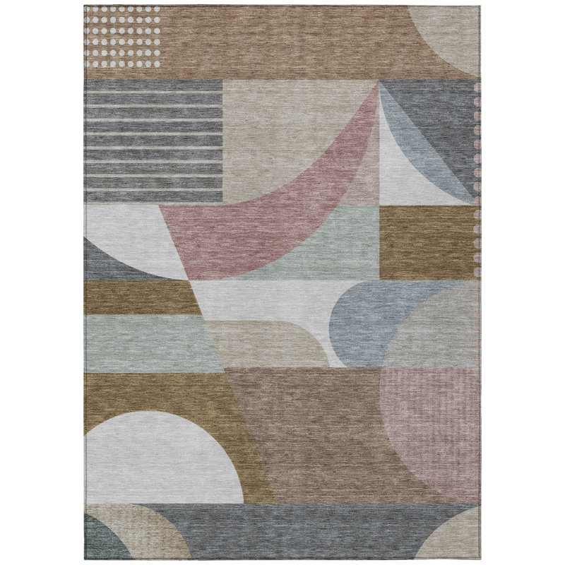 3' X 5' Brown Ivory And Mauve Geometric Washable Indoor Outdoor Area Rug