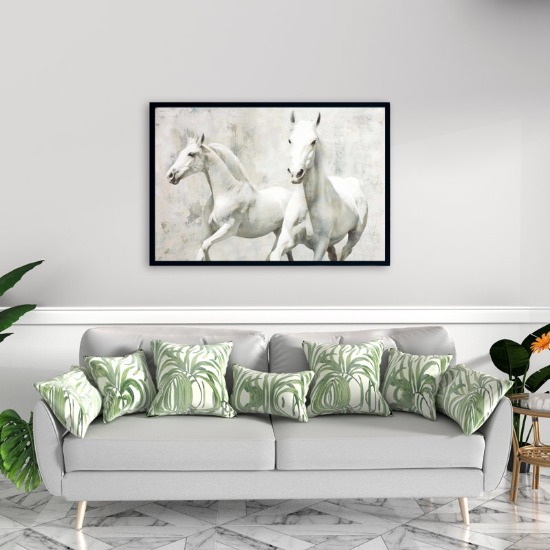 Deux chevaux blancs qui courent sur toile, H 24 po x l 36 po