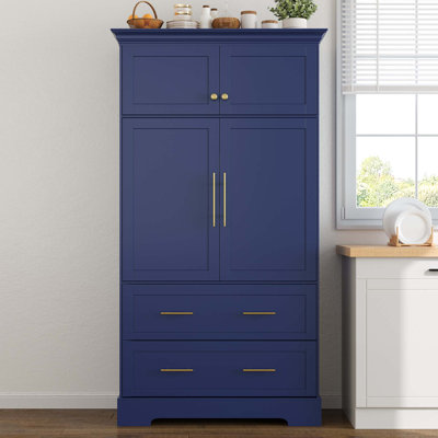 Farmhouse Kitchen Pantry, 4 Doors Dining Storage Cabinet with Pull-out Trays, Drawers and Cake Pan Storage Organizer