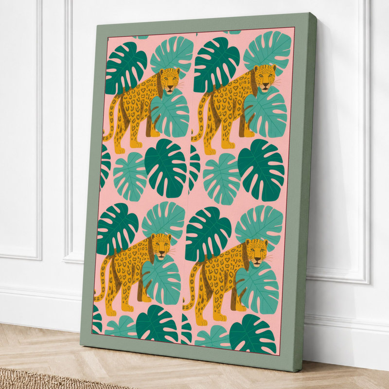 Jungle Cats Among Leaves Tropical - Print, 30x20 - 76.2 x 50.8 cm, Sage Border