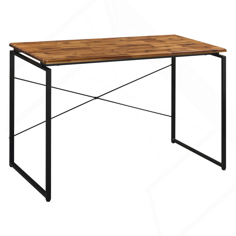 Bureau d'écriture chêne et noir avec base en métal, Brun