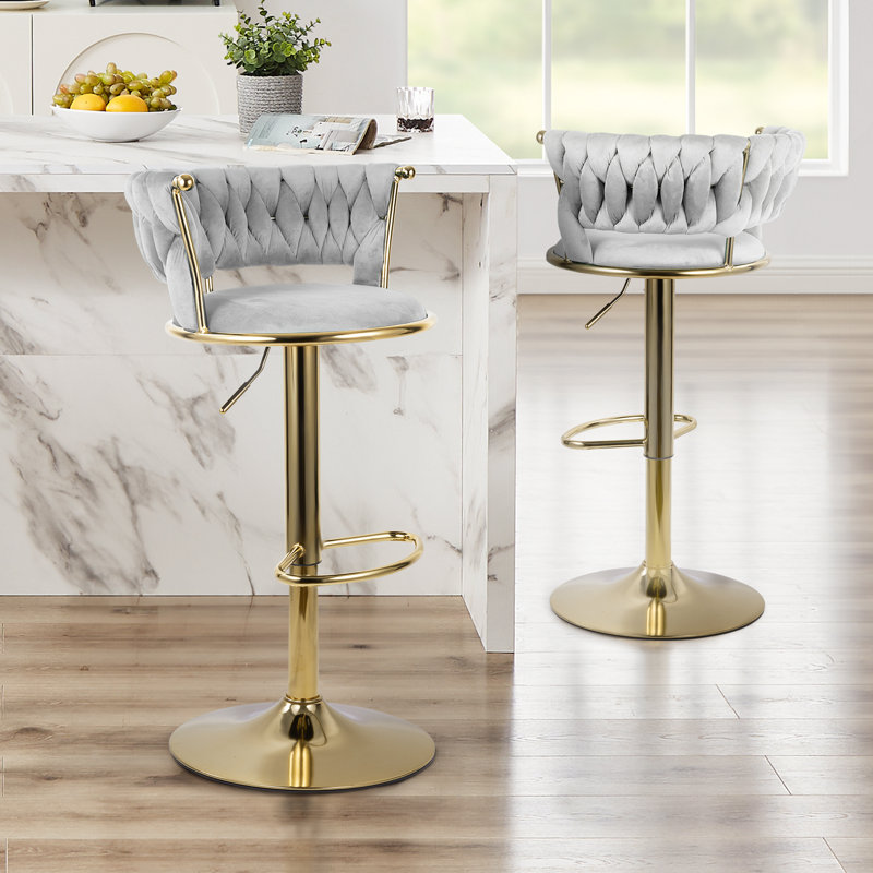 Ensemble de 2 tabourets de bar en velours, tabourets à hauteur de comptoir avec dossier bas, chaises de bar pivotantes dorées pour îlot de cuisine, bar