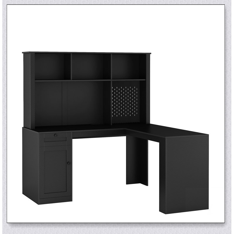 L Shaped Desk with outlet, Computer Desk with Drawers, Bookshelf & Hutch, Black
