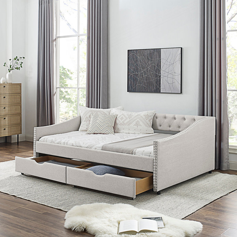 Modern Full Size Daybed With Drawers, Upholstered Tufted Sofa Bed, Light Gray, Full/Double