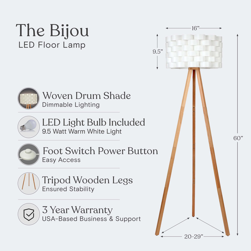 Bijou 60" Wooden Tripod LED Floor Lamp with Woven Shade