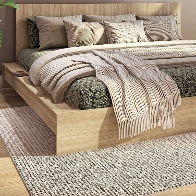 ZEN OMEGA – Platform Bed with Headboard – Easy Assembly, No Box Spring Required, Beige, King