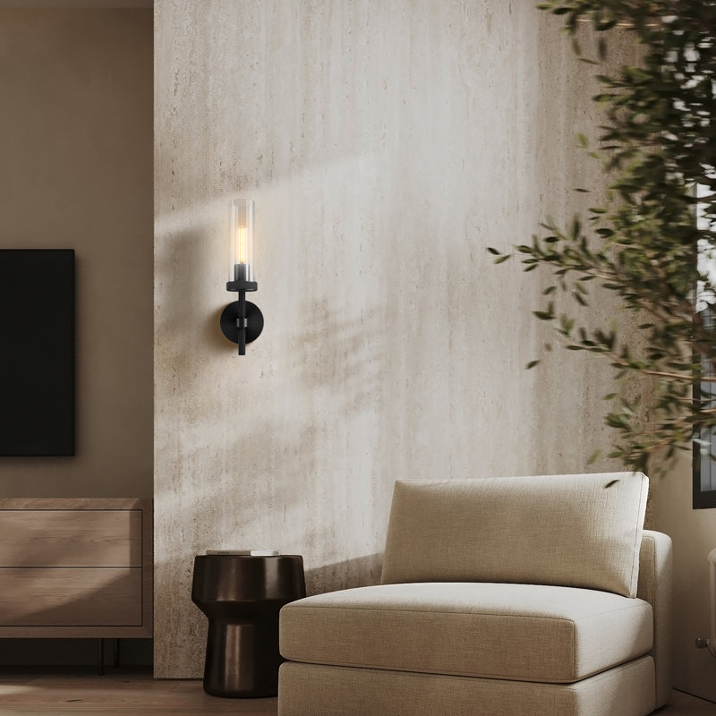 Martajah Solid Brass Wall Sconces with Tube Glass (Bulbs Include) (Set of 2), Matte Black, 14.37" H x 4.64" W x 4.64" D