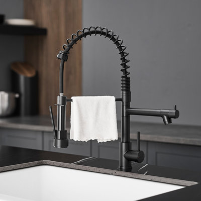 Kitchen Sink Faucet With Soap Dispenser And Pull Down , 304 Stainless Steel, Black, Single Hole, Handle, Deck Plate Commercial