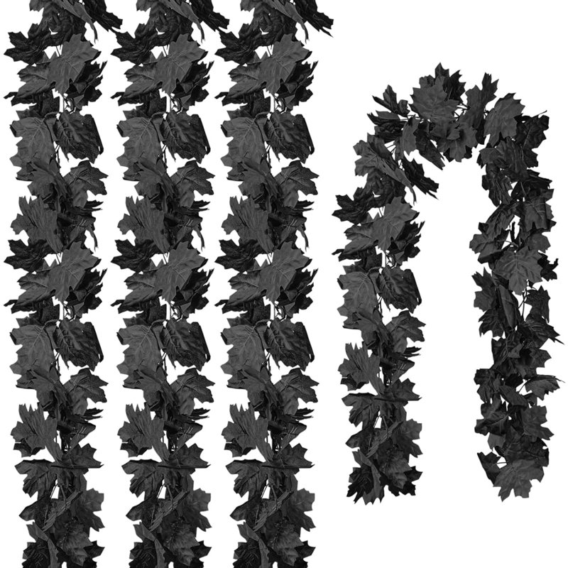 4 Pack Autumn Fall Maple Leaf Garland, 5.9Ft/Piece Artificial Autumn Garland Fall Leaves Hanging Vine Halloween Thanksgiving Decor for Home Fireplace Party (Black)