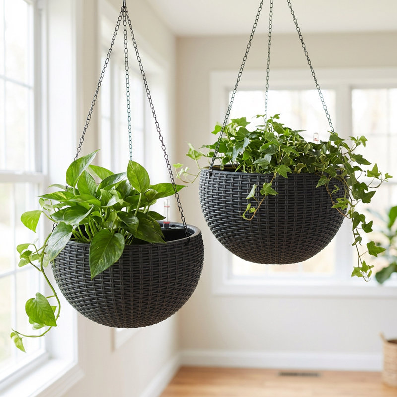 Byrum Plastic Wicker Self-Watering Hanging Planter, Black