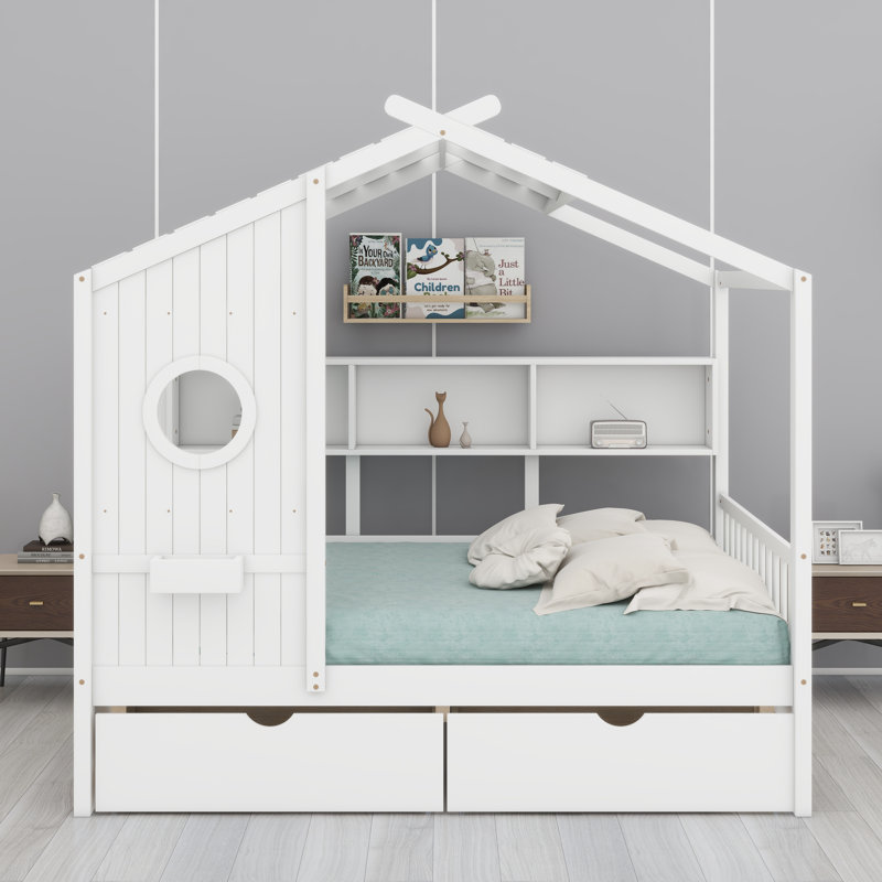 Wooden House Bed, White, Full