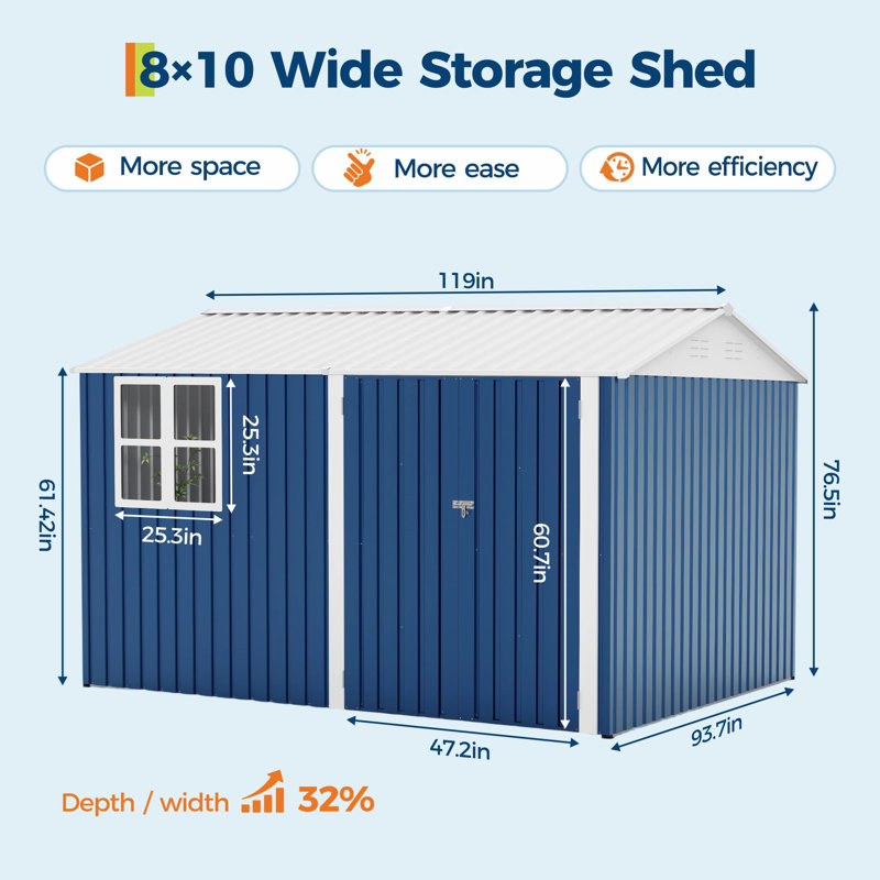 10x8 FT Outdoor Storage Shed, 450 Cu Ft Weather Resistant Metal Garden Shed with Gable Roof & Window, Lockable for Bikes Lawn Mowers Patio