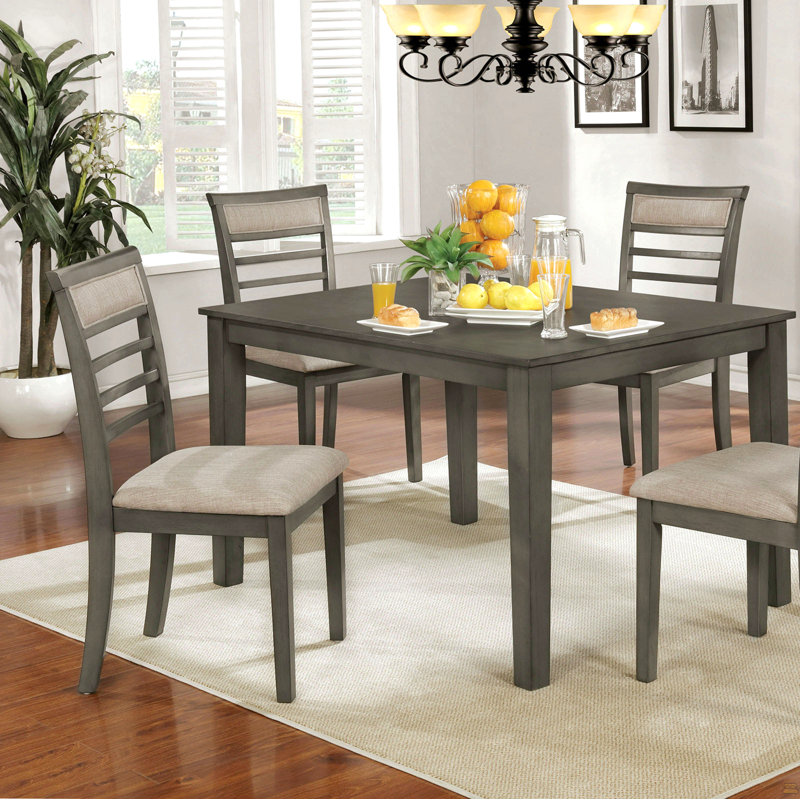 5 Pc Dining Table Set Dining Chairs & Table Solid Wood Beige Padded Fabric Cushions Slat Back Chair