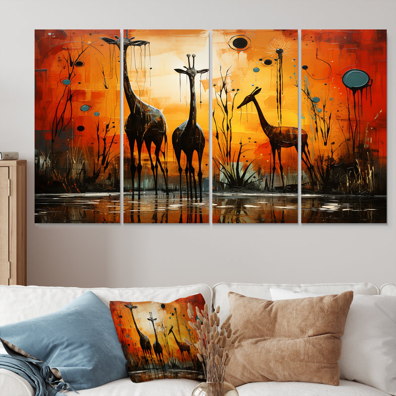Trois girafes, savane africaine - girafe, art mural 4 pièces, H 32 po x l 64 po