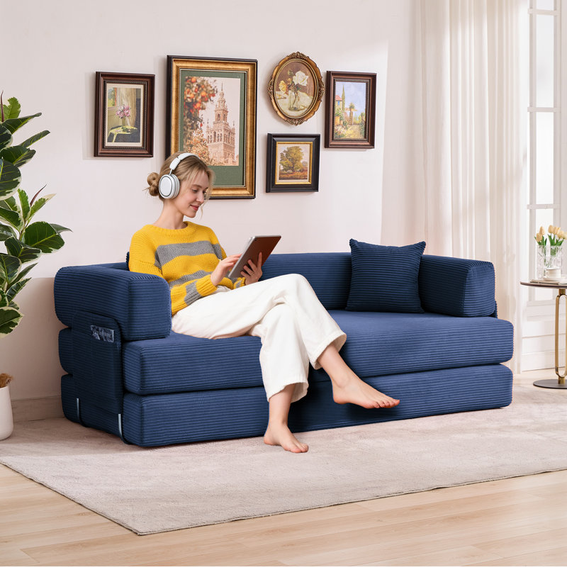 Canapé-lit convertible 5 en 1, canapé-lit modulable en velours côtelé de 200 cm avec structure fixe et mousse haute densité, canapé-lit futon pliable pour salon, chambre, petits espaces, bleu