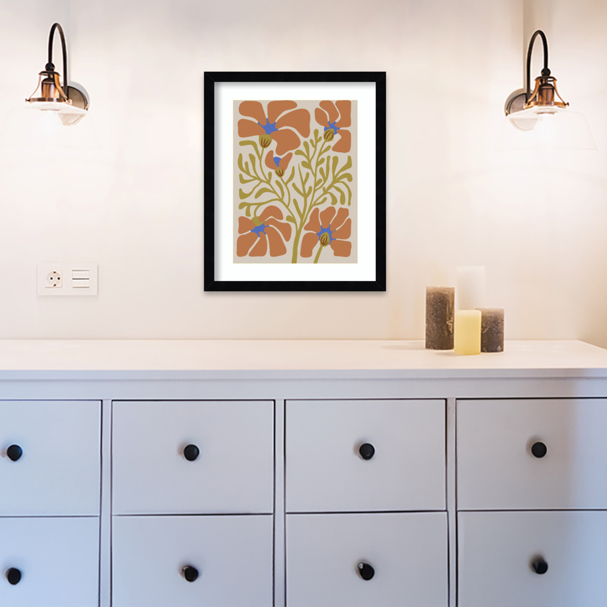 Expressive Abstract House Plant Orange On Tan Framed On Paper by The Creative Bunch Studio Print, Black, 17" H x 14" W x 1" D