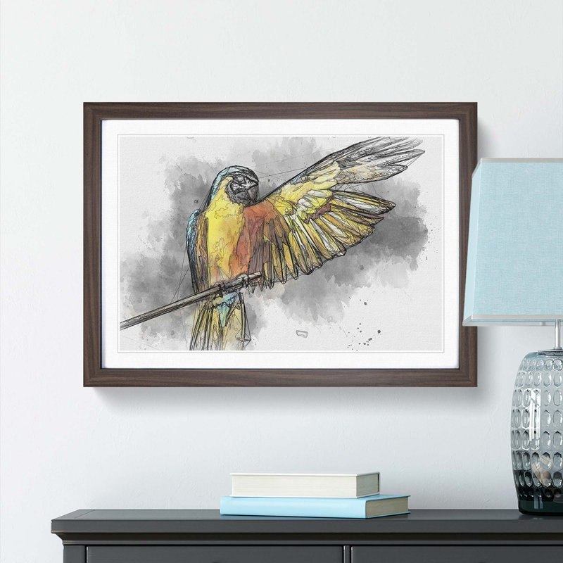 Yellow Macaw Parrot in Abstract - Picture Frame Painting Print, Walnut, 50cm H x 76cm W x 2cm D