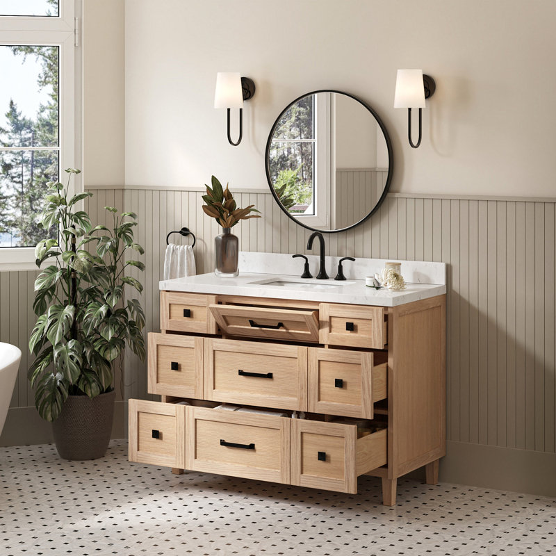 Meuble-lavabo simple en bois massif ARIEL Monroe, Chêne, 48" - 49", Carrara White Quartz