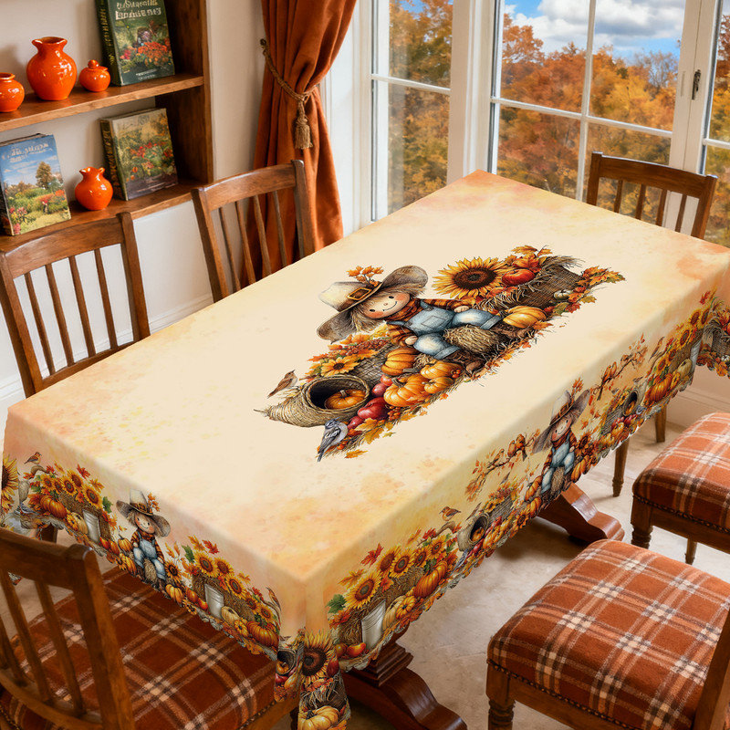 Autumn Harvest Cute Scarecrow Pattern Washable Polyester Tablecloth, 86.6" L x 70.8" W