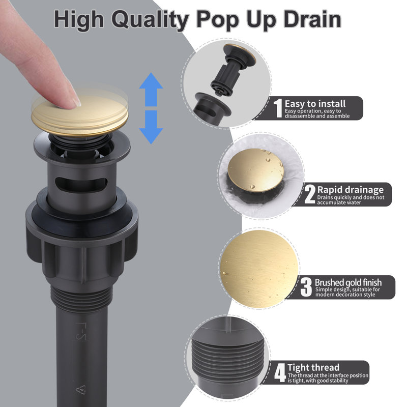 Pop-Up Bathroom Sink Drain with Overflow, Brushed Gold