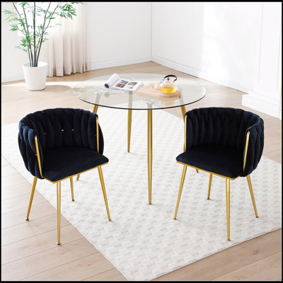 Ensemble de 2 chaises de salle à manger modernes en velours avec dossier tissé et pieds en métal doré