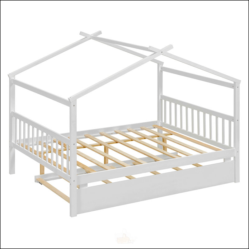 Lit double en bois avec lit gigogne simple, Blanc, Double
