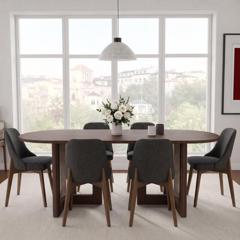 Ensemble de table et de chaises de salle à manger ovales de 170 cm (67 po) avec des chaises rembourrées, en rotin, avec double piétement pour 2 à 6 personnes.