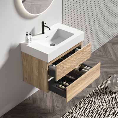 Meuble-lavabo mural de style moderne du milieu du siècle, décor en grille de chêne, double tiroir, matériaux de classe E1, ouverture et fermeture silencieuses des tiroirs, lavabo monobloc brillant
