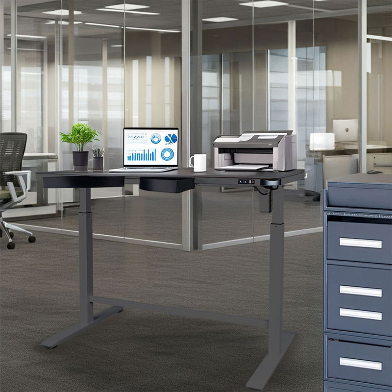 Electric Height Adjustable Sit-Stand Glass Desk with Pivot Drawers for Home Office, Single Motor, Gray