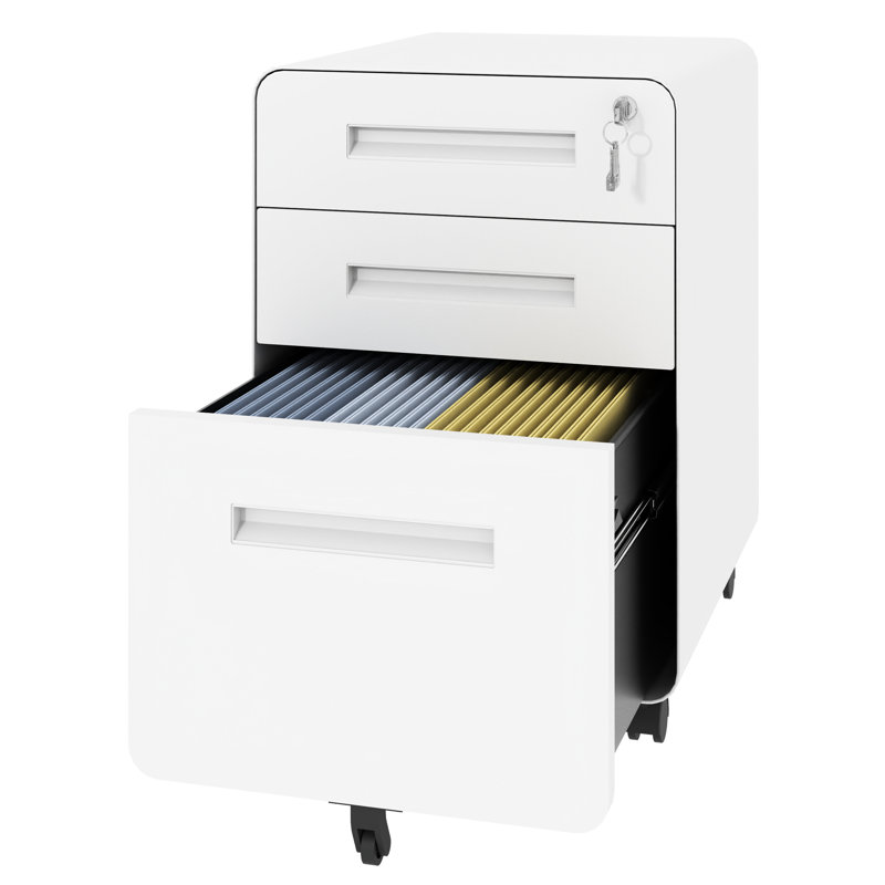 Classeur mobile blanc à 3 tiroirs avec serrure et, entièrement assemblé pour l'organisation du bureau, permet de ranger des dossiers de format A4 / lettre, fonction de verrouillage, grand espace intérieur à 3 tiroirs, serrure, métal, sur le bureau, pour la sécurité