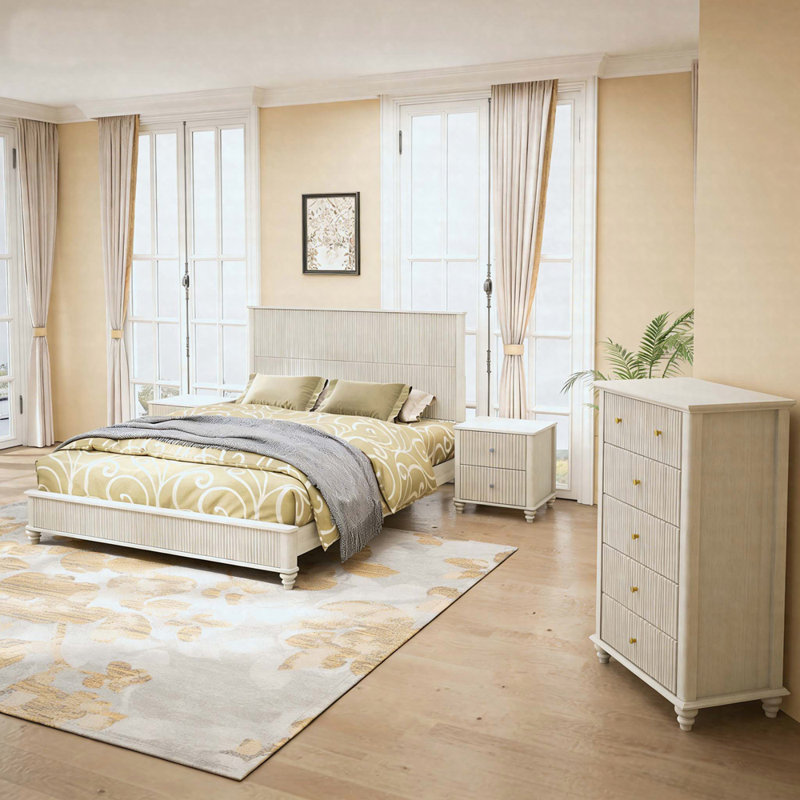 Ensemble de chambre à coucher 4 pièces avec lit plateforme très grand Kernie, 2 tables de chevet cannelées et commode 5 tiroirs
