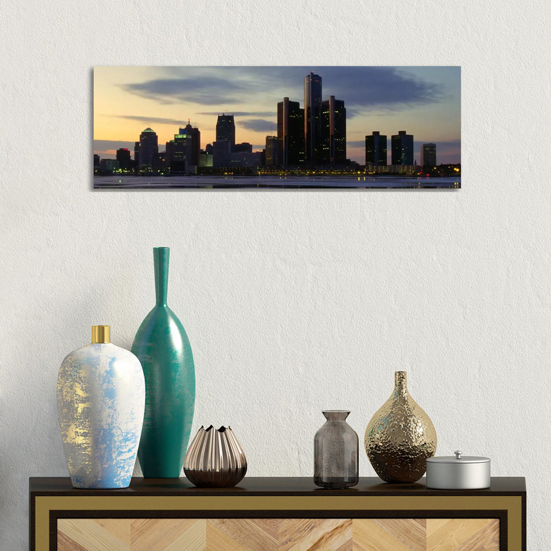 Detroit Panoramic Skyline Cityscape (Dusk) by Unknown Artist - Wrapped Canvas Panoramic Print