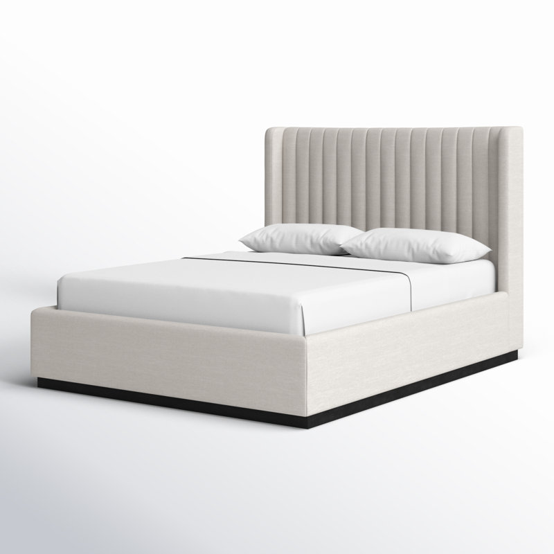 Lit à panneaux tapissier Chamblis, Tissu texturé en lin beige, Grand