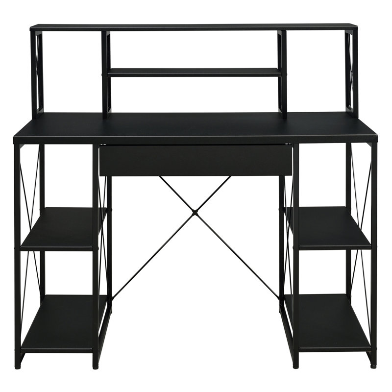 Bureau noir avec tablettes ouvertes et huche, Black