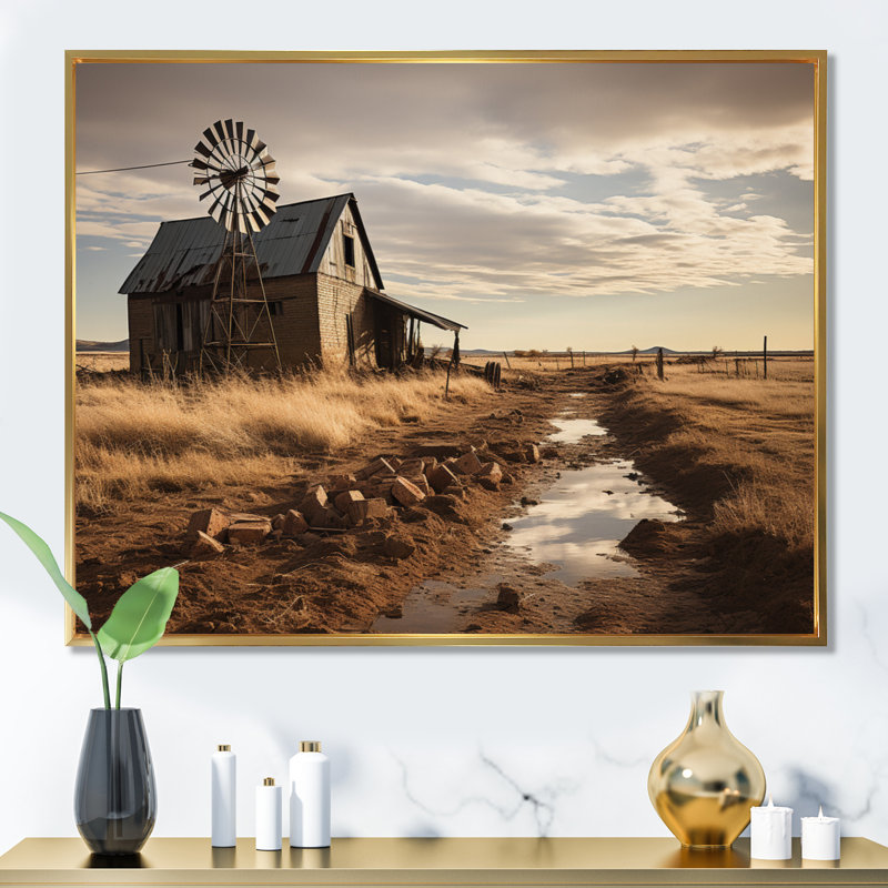 " Wind Turbines Windswept Skies ", 34" H x 44" W x 1.5" D, Gold Floater Framed