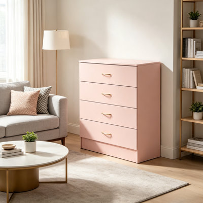 Commode rose à 4 tiroirs avec poignées en métal doré, armoire de rangement moderne pour chambre à coucher