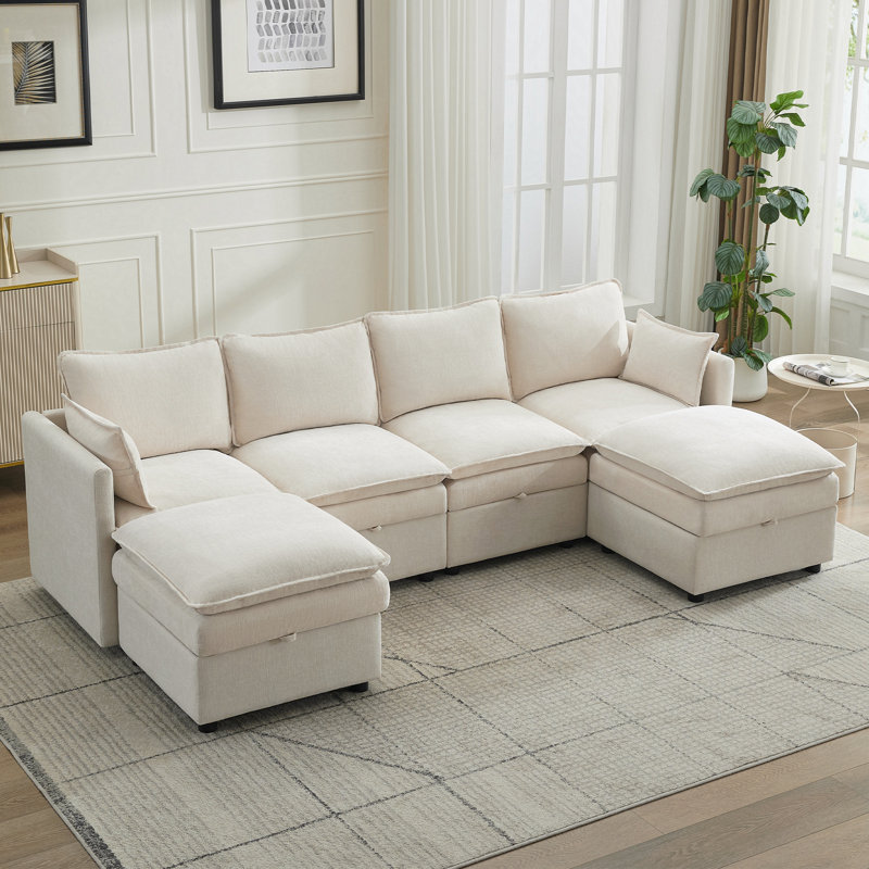 105.2" U-Shaped Modular Sectional Sofa with Storage ,  34.3" H x  105.2" W x  55.5" D, Beige