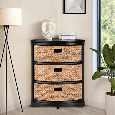 Armoire de table d'angle noire à 3 niveaux - Conception en X avec 3 paniers en osier, idéale pour le salon, la chambre à coucher ou le rangement de la cuisine