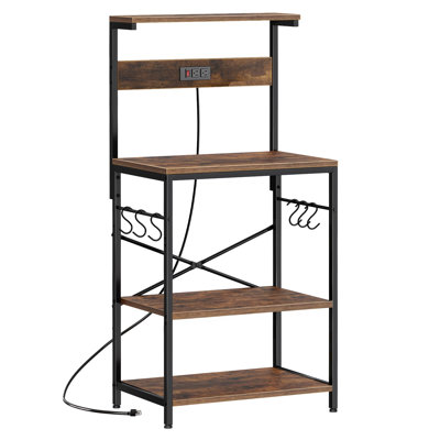 Kitchen Bakers Rack with Power Outlet, Coffee Bar Table 4 Tiers, Kitchen Microwave Stand with 6 S-shaped Hooks, Storage Shelf Rack for Spices