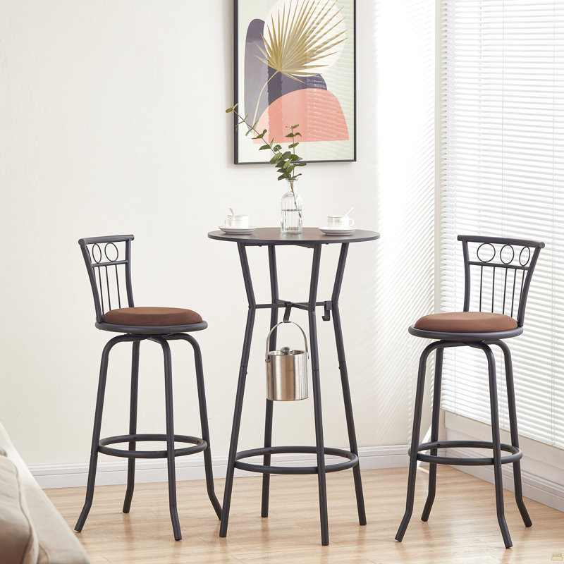 3 Bar Table And Chairs Set For Dining Room Industrial Counter Height Bar Chairs With Metal Back, Fabric Seat