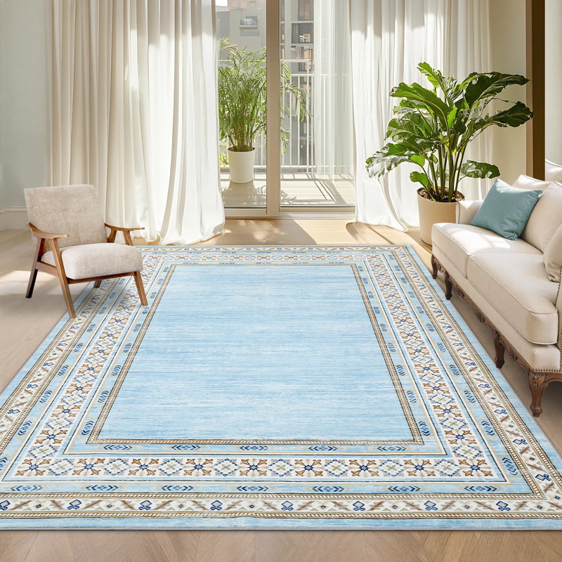 Washable Area Rug Modern Bordered Rug Non Slip Floor CarpetNon Shedding Neutral Rugs for Kitchen Bedroom Living Room, Blue