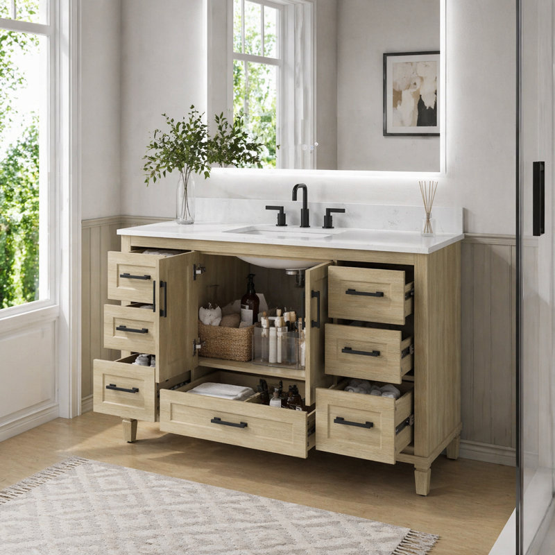 Meuble-lavabo autoportant Sirois de 48 po avec comptoir en pierre d'ingénierie et rangement à fermeture en douceur