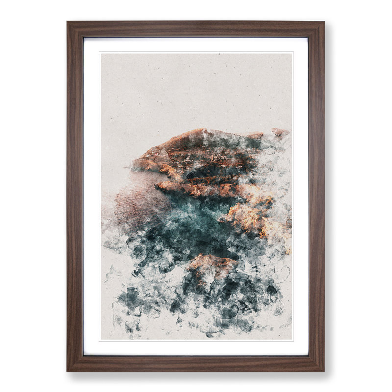 Coastline of Ibiza in Spain - Picture Frame Painting, 65cm H x 48cm W x 2cm D, Walnut