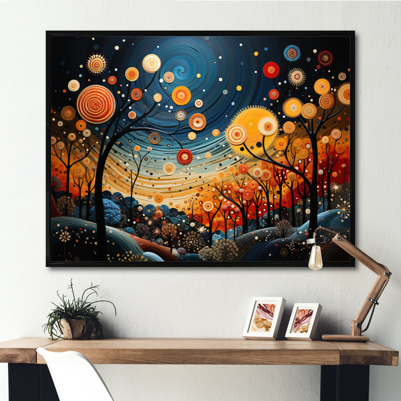 «Orange Mid Century Natures Harmony I», art abstrait Mid-Century, Cadre flottant noir, H 16 po x l 32 po x P 1 po
