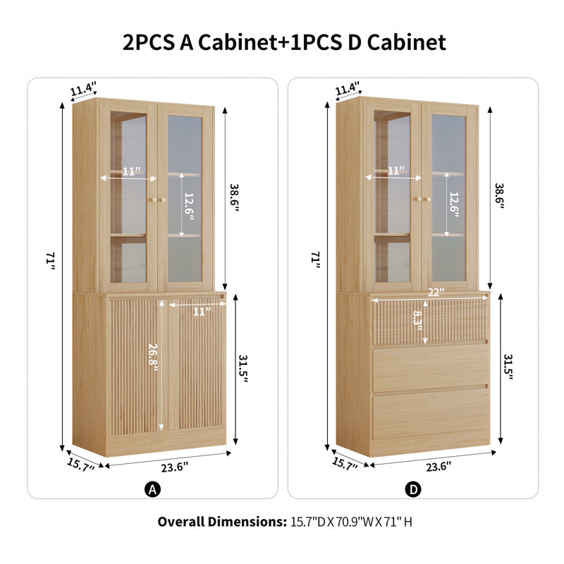 71" H X 70.9" W Bookcase Cabinet With Glass Doors, Modern Bookshelf With 3 Large Drawers(2A+D)