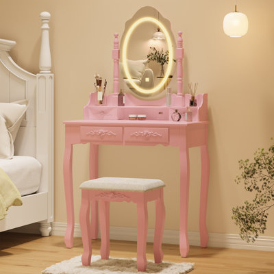Ensemble de coiffeuse avec miroir et lumières, table de maquillage moderne et tabouret de coussin avec 4 tiroirs