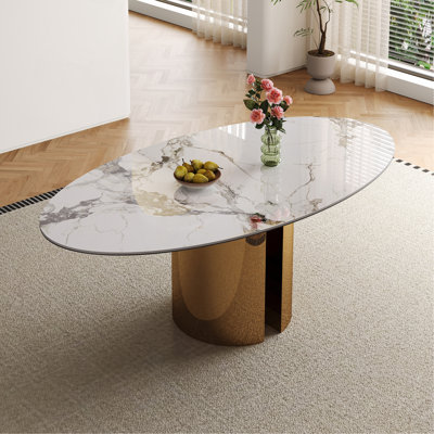 70.9-Inch Sintered Stone Oval Dining Table, With Copper-Coloured Stainless Steel Base, Unique Leg Design Is Sturdy And Stable, Suitable For Kitchen Dining Room, Living Room