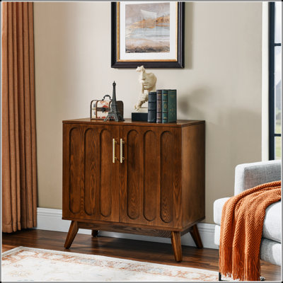 Mid Century Modern Fluted Sideboard Cabinet with Adjustable Shelves & Solid Wood Legs, Buffet Cabinet with Storage, Walnut Storage Cabinet for Living