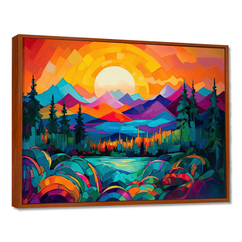 «Vibrant Sunset Shining Over Mountains II», art sur toile, H 16 po x l 32 po x P 1 po, Cadre flottant brun