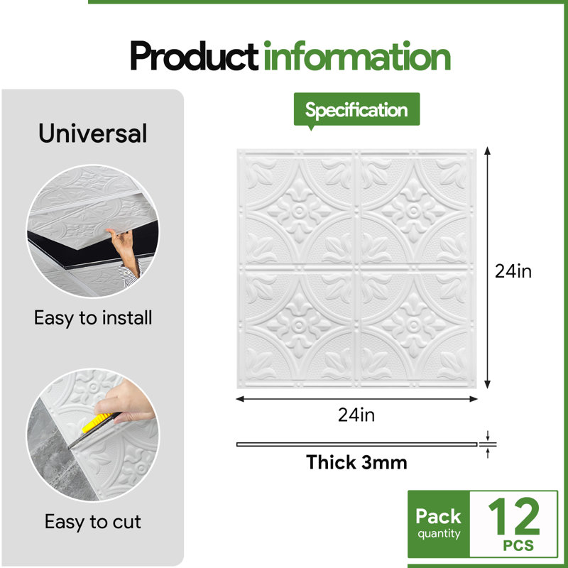 Paquet de 12 tuiles de plafond décoratives embossées Fasarxiu X 2 pi - Très épais, ignifuge, imperméable, réutilisable, PVC de qualité supérieure, sans affaissement et casse (48 pieds carrés / caisse)